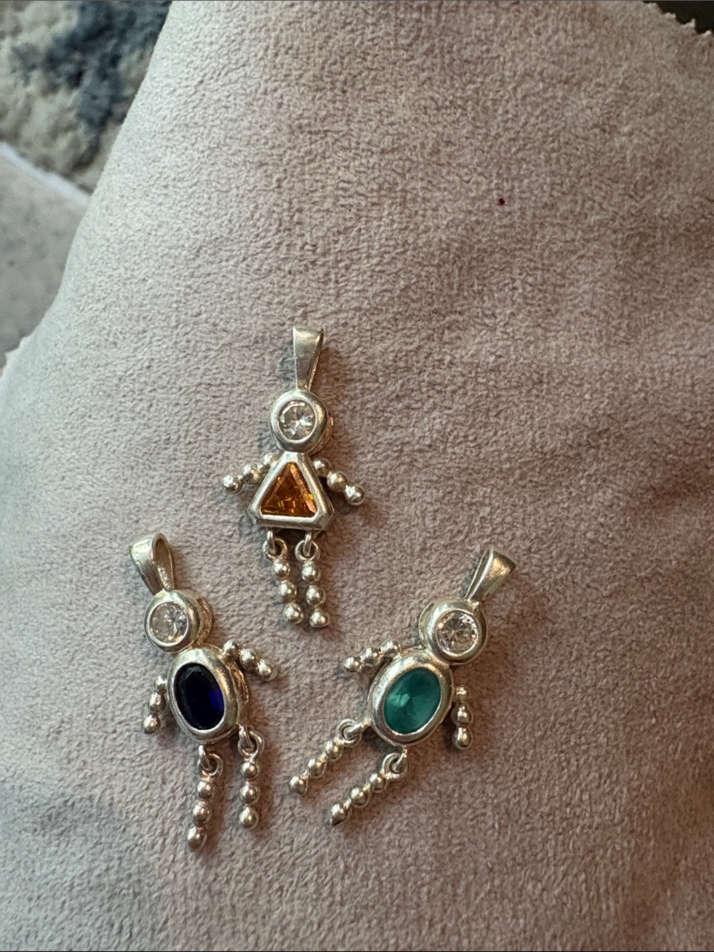 Sterling Silver Gemstone Doll Pendants in Orange, Blue, and Green